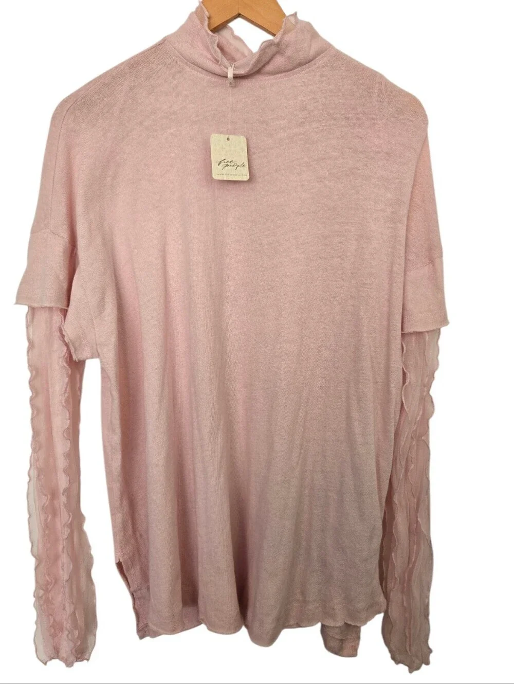 NWT  Free People Pink Mock Neck Layered Mesh Sleeve Top | Balletcore Small
